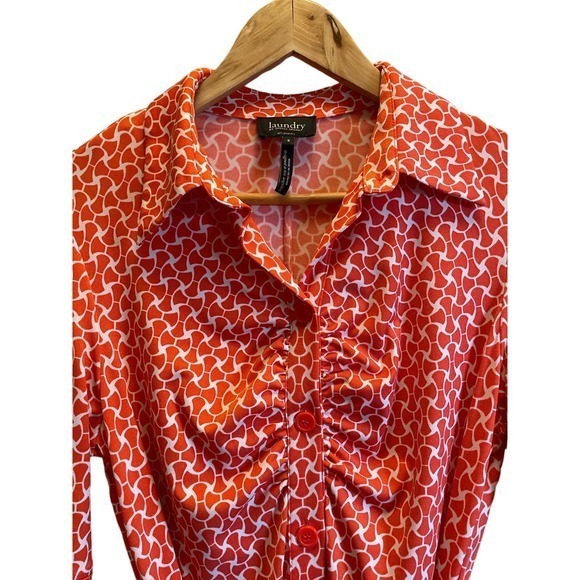 Laundry Orange Geometric Collared, V-Neck Button Down Dress, Tie & 3/4 Sleeves - Picture 4 of 8